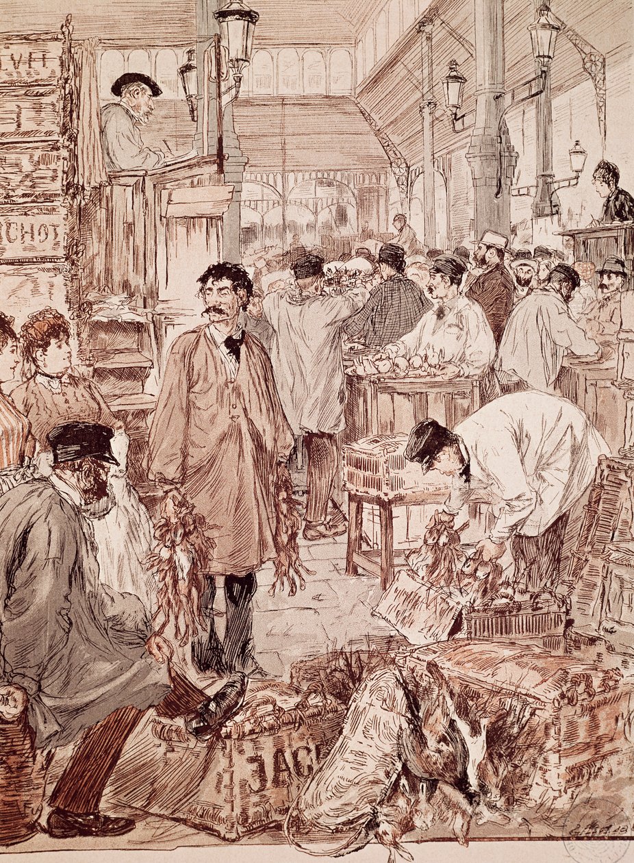 Subasta de caza salvaje en Les Halles, ilustración, París, Francia de French School
