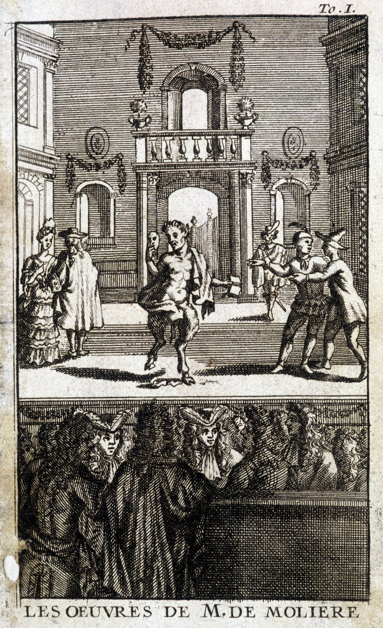 Fauna y personajes en escena con público - en “Las Obras de M. de Molière” de French School