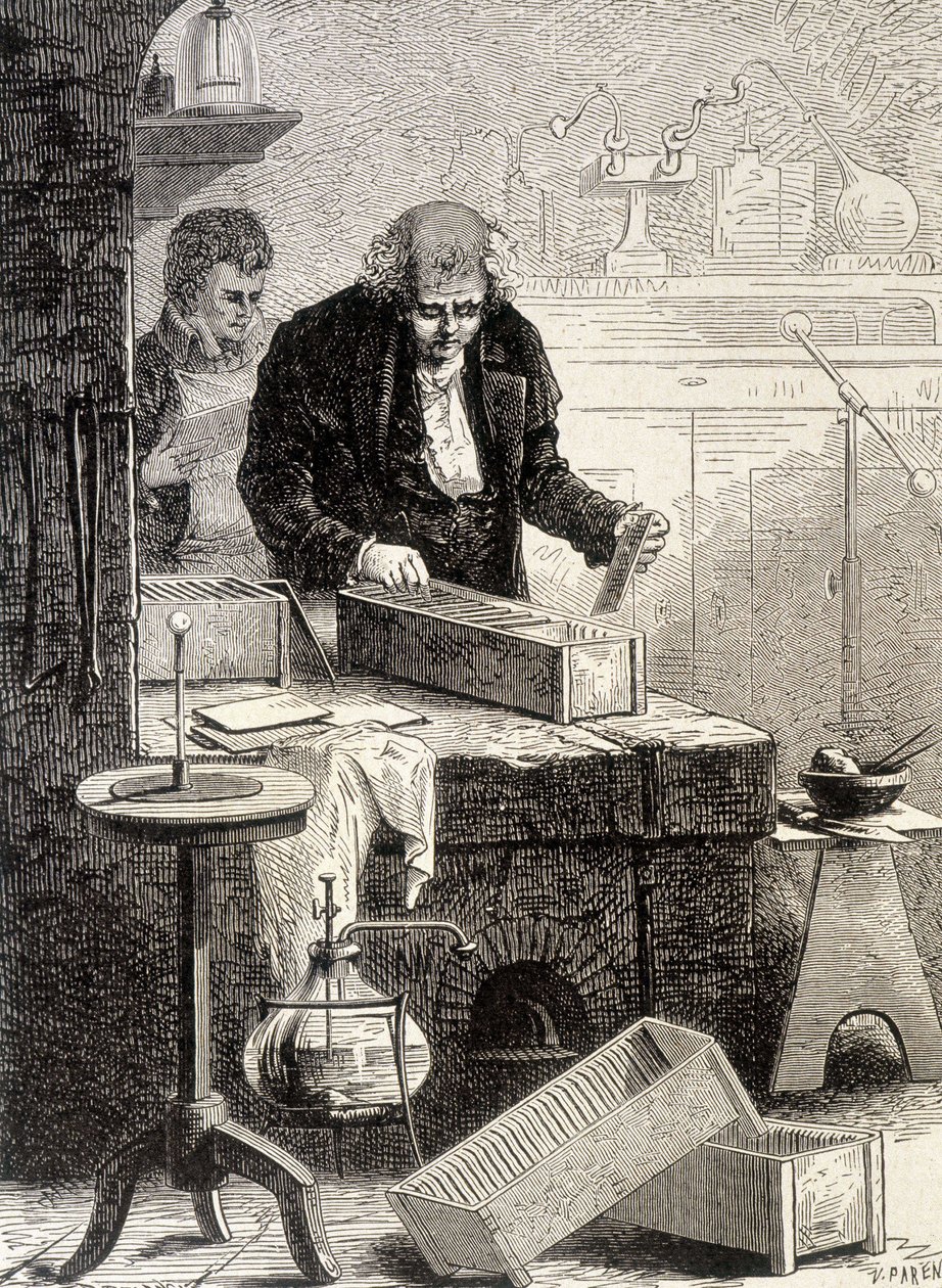 William Cruickshank construyó la pila de canaletas - en “Album de la Ciencia; eruditos ilustres; Grandes descubrimientos” 1896. de French School