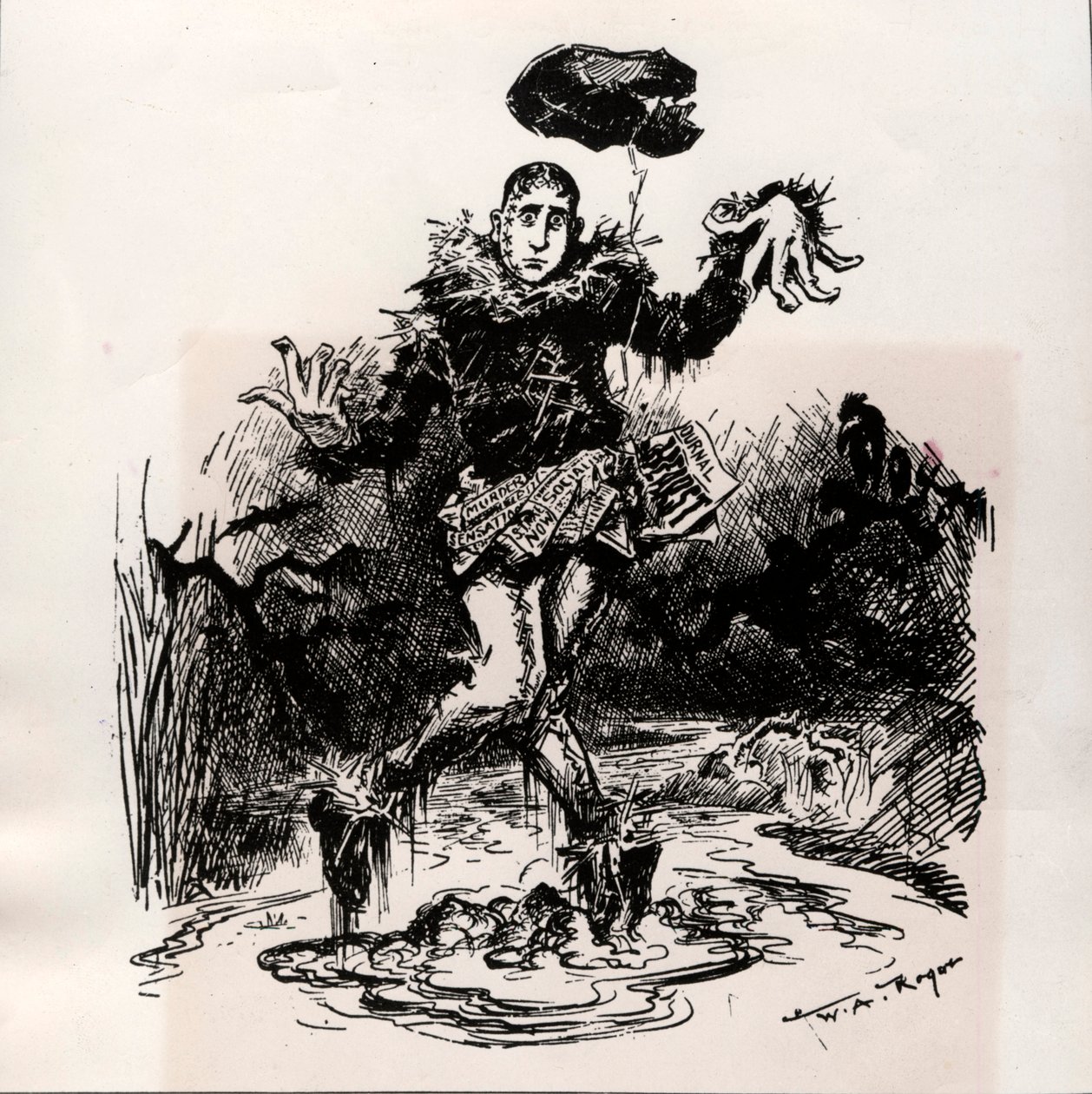 William Hearst, periodista sensacionalista, representado como espantapájaros en el barro - Caricatura de Harper
