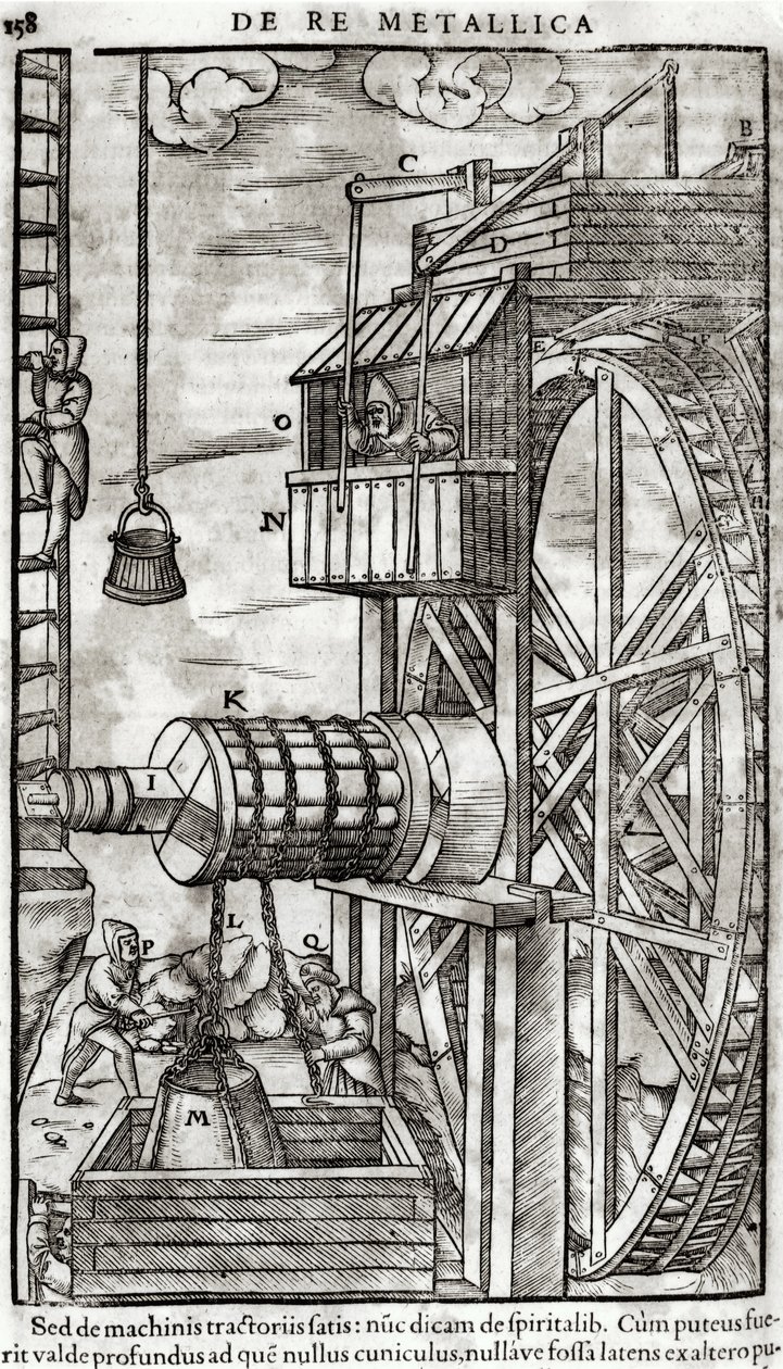 Cabrestante para sacar agua de una mina, ilustración de De Re Metallica por Georg Bauer (1494-1566) conocido como Agricola, 1561 de French School