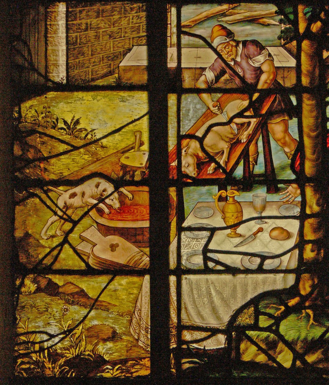 Ventana Charnier-13 que representa la matanza del cerdo (vidriera) de French School