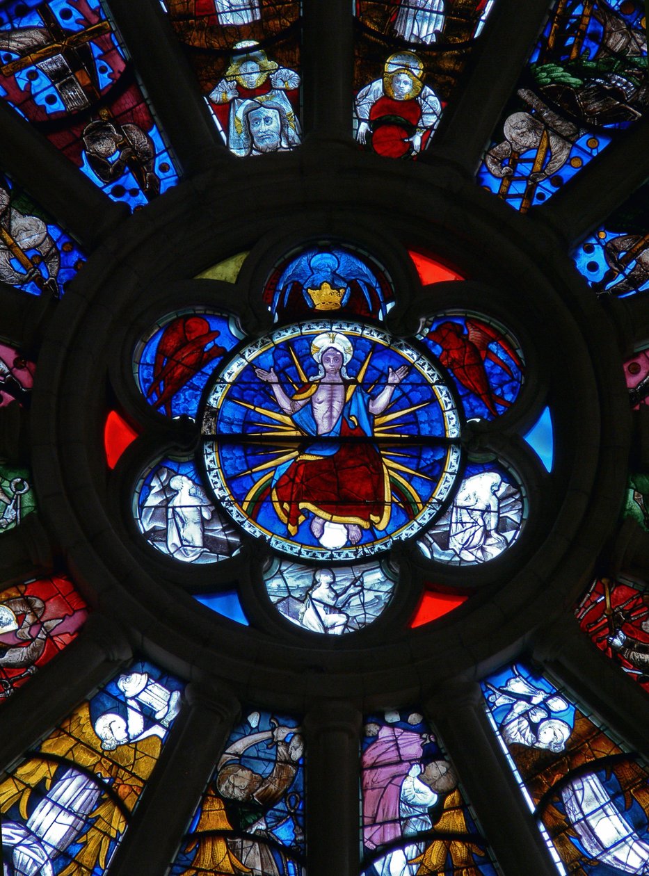 Ventana que representa a Cristo con tres ángeles y tres almas de French School