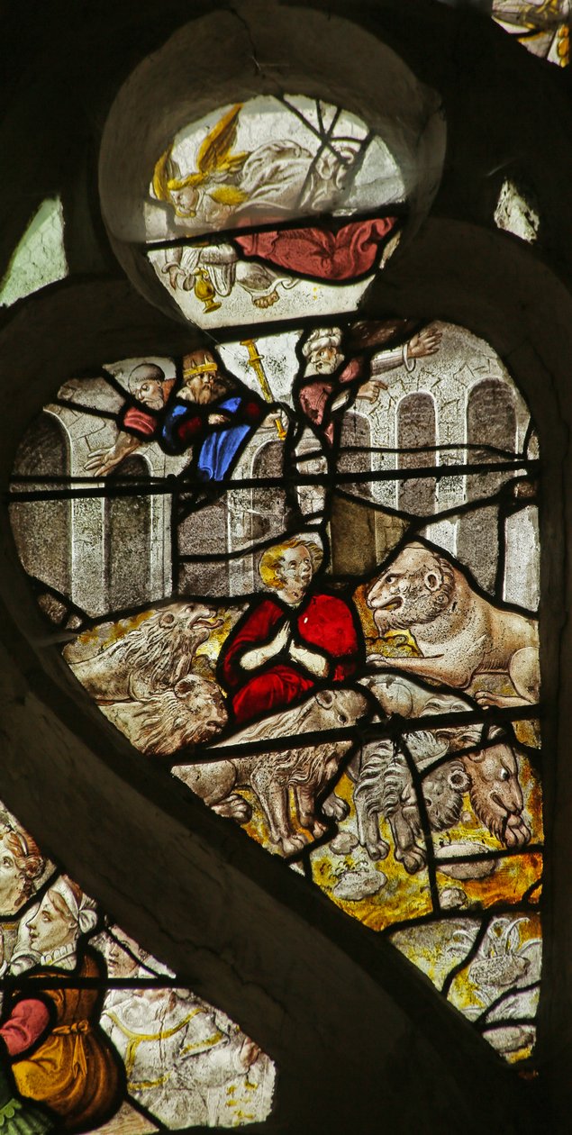 Ventana que representa a Daniel en el foso de los leones (vidriera) de French School