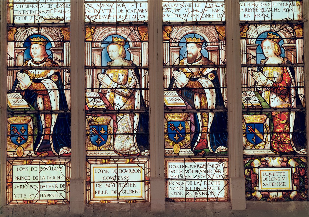 Ventana que representa a Louis de Bourbon (1465-1520) Príncipe de La Roche-sur-Yon, Louise de Bourbon (m.1561) Condesa de Montpensier, Louis II de Bourbon (1513-82) Duque de Montpensier y Jacquette de Longwy de French School