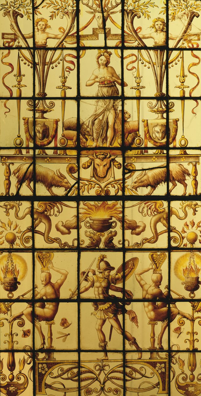 Ventana que representa a Marte y la Tierra de French School