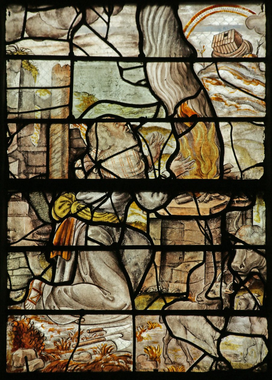 Ventana que representa a Noé haciendo un sacrificio, el arca en el monte Ararat y un arco iris (vidriera) de French School