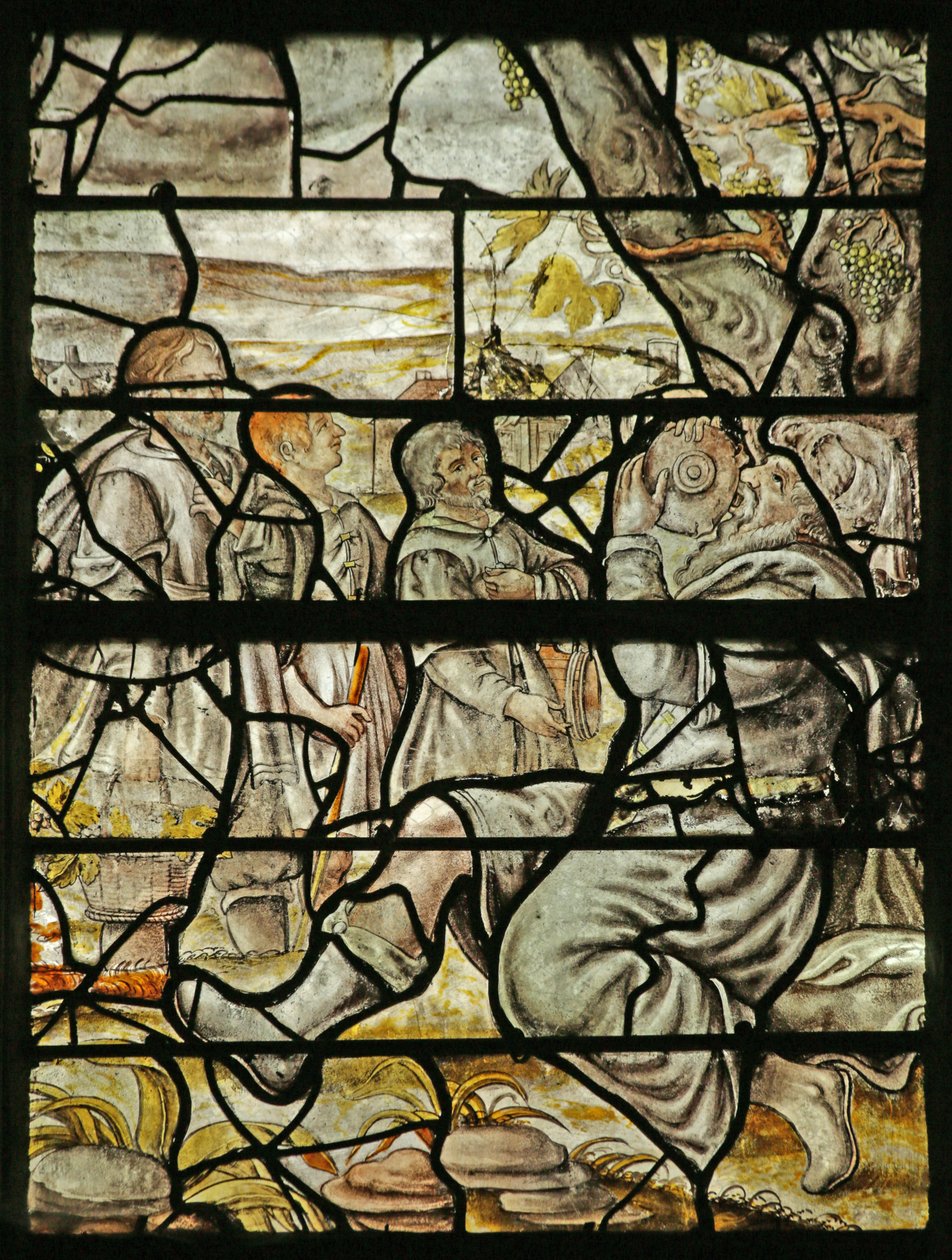 Ventana que representa la embriaguez de Noé de French School