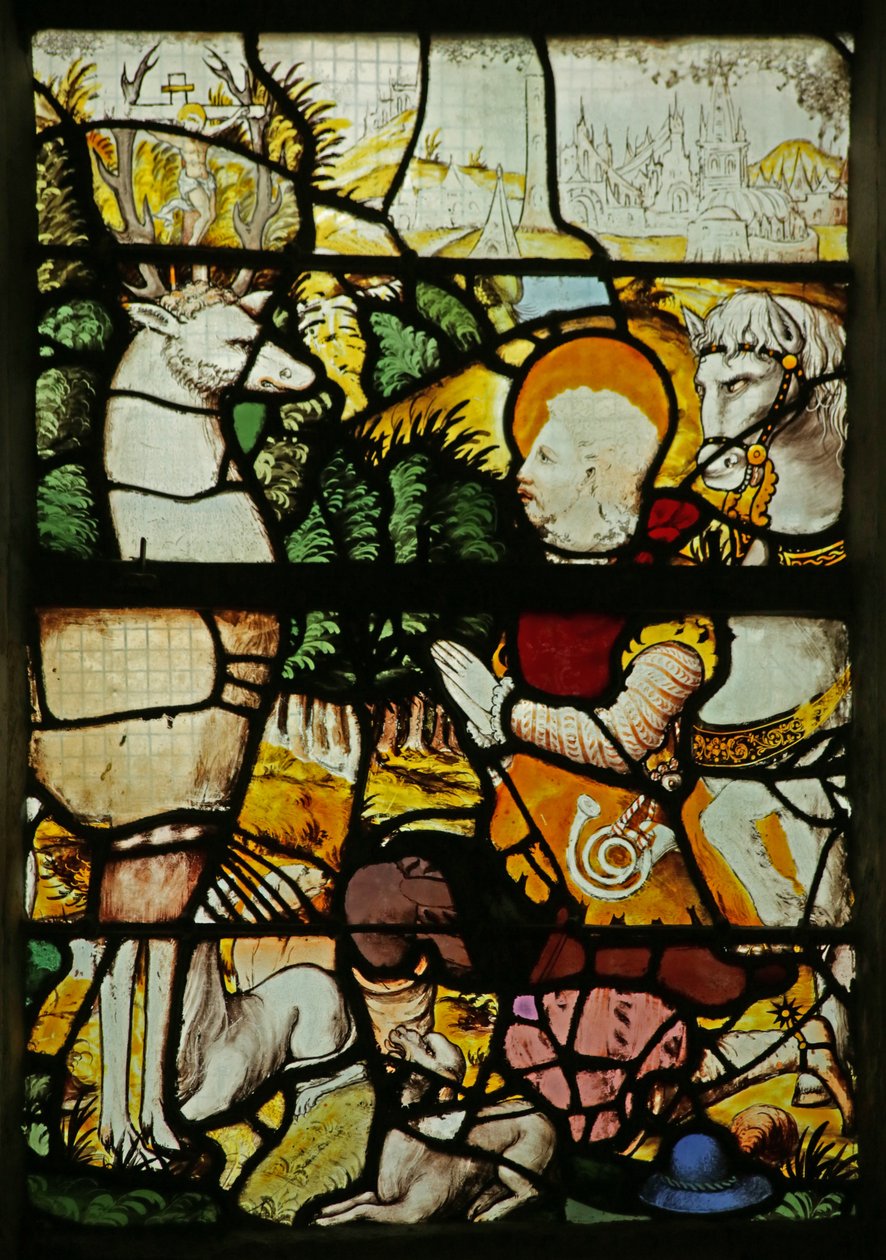 Ventana que representa a San Eustaquio (como Plácido) encontrándose con el ciervo (vidriera) de French School
