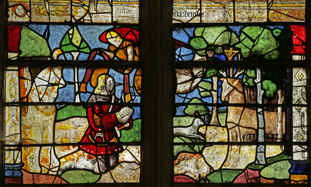 Ventana que representa a San Huberto y el ciervo (vidriera) de French School