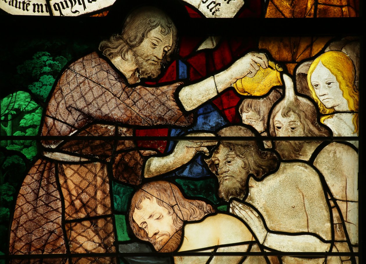 Ventana que representa a San Juan Bautista bautizando de French School
