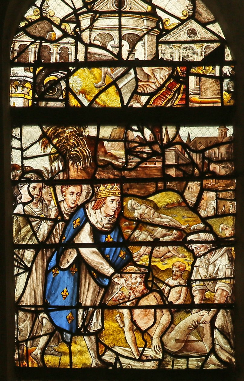 Ventana que representa a San Luis enterrando a los muertos de French School