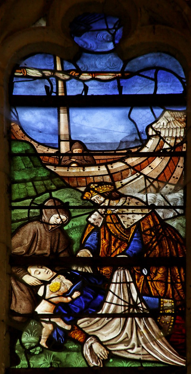 Ventana que representa a Santa María Magdalena: Condesa de Provenza muriendo en peregrinación a Tierra Santa de French School
