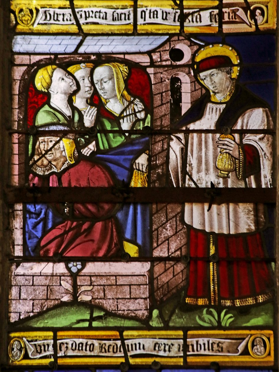 Ventana que representa a San Nicolás dejando dinero para el padre de tres niñas para evitar que se prostituyan (vidriera) de French School