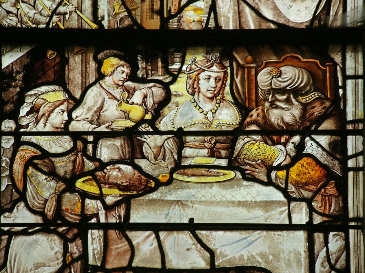 Ventana que representa a Salomé presentando a Herodes con la cabeza de San Juan Bautista de French School
