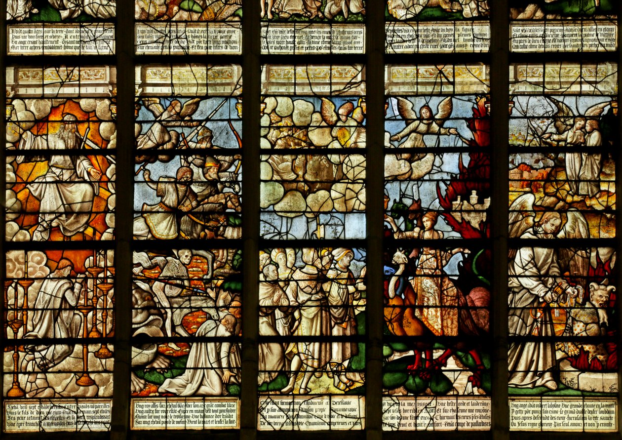 Ventana que representa escenas del Libro de la Revelación de French School
