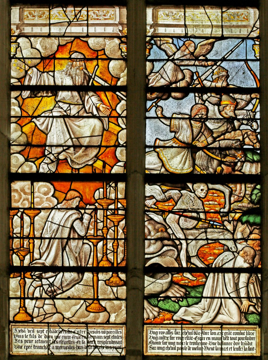 Ventana que representa escenas del Libro de la Revelación de French School