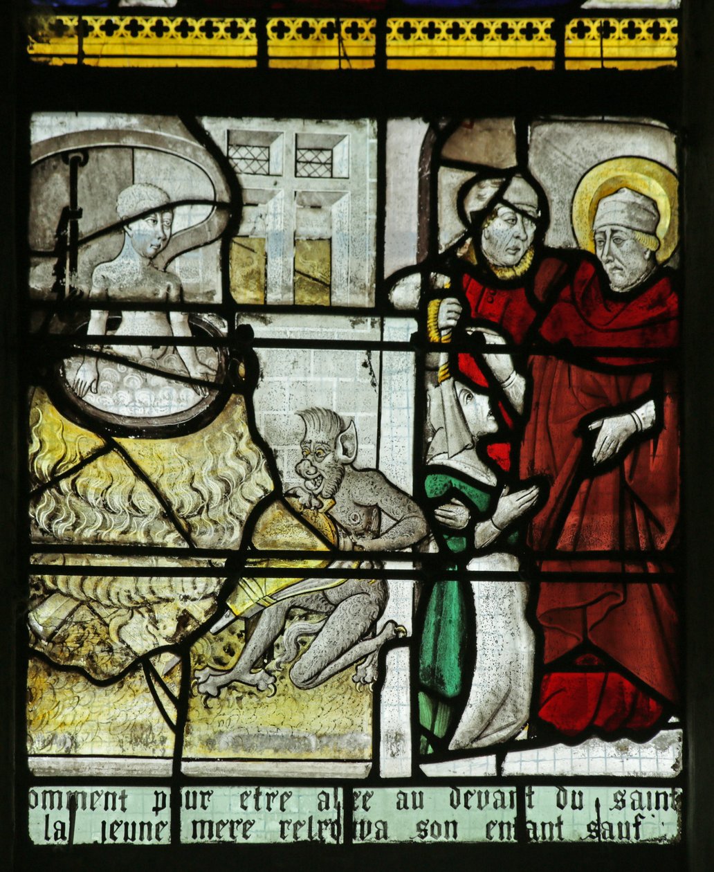 Vidriera que representa a San Nicolás salvando a un niño de ser hervido vivo, 1460-70 de French School
