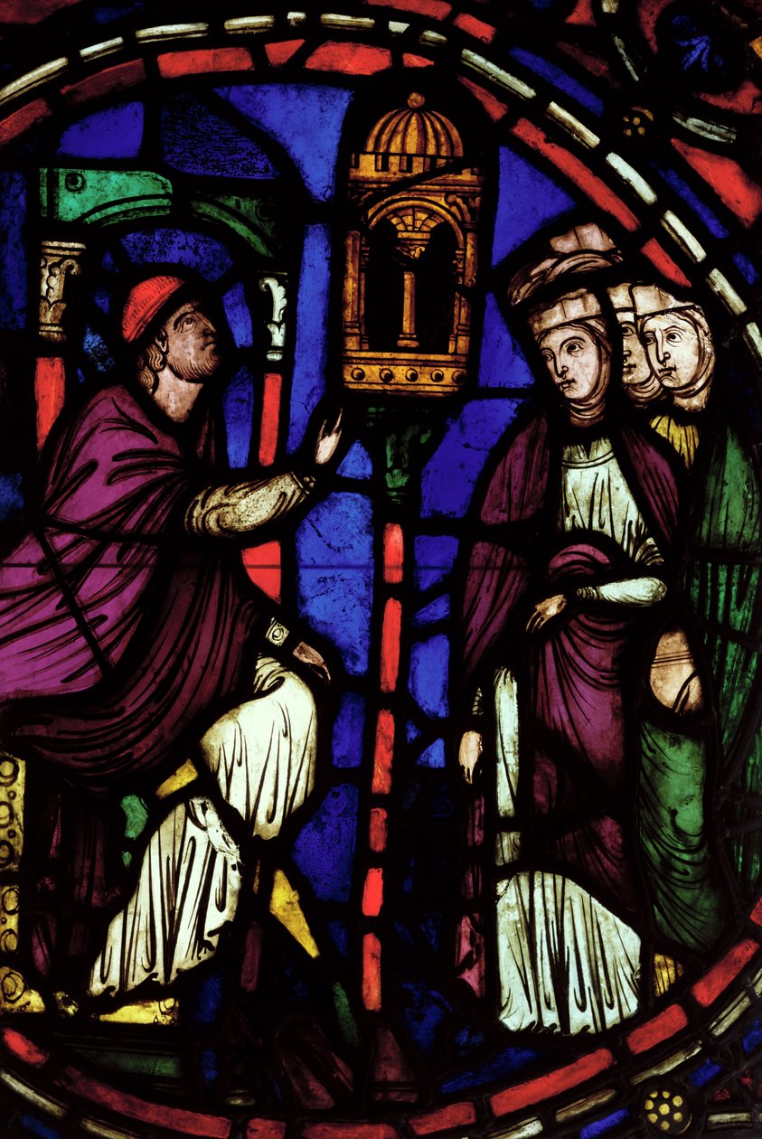 Ventana que representa a un hombre predicando a tres mujeres, Taller de Ile de France de French School