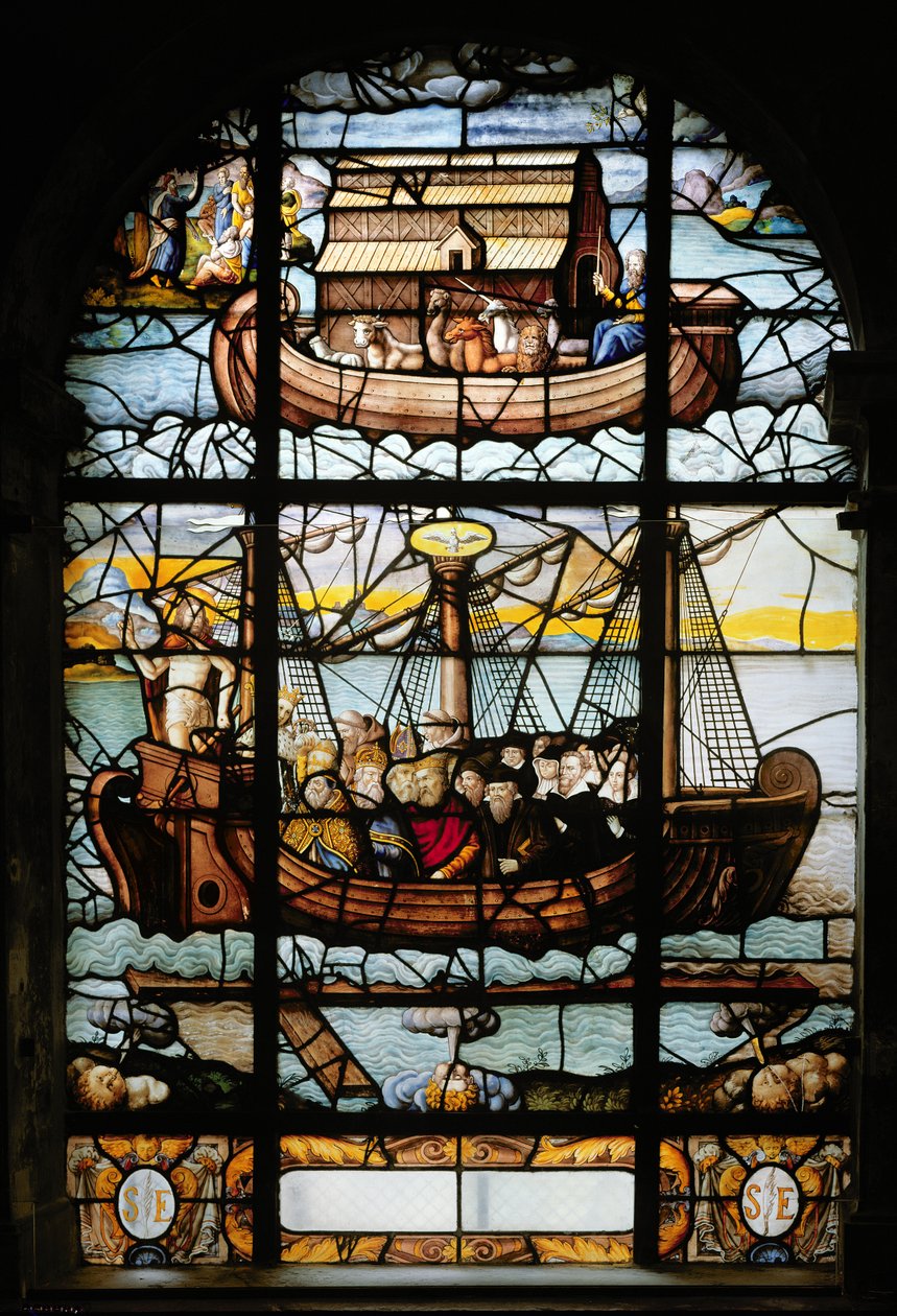 Ventana que representa un barco con santos y el Arca de Noé, 1612-22 de French School