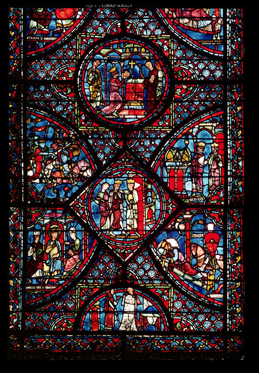 Ventana que representa escenas de la Vida de Carlomagno (747-814) del deambulatorio de French School