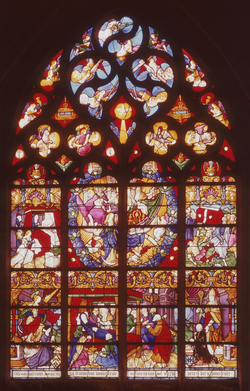 Vidriera que representa escenas de la Vida de la Virgen de French School