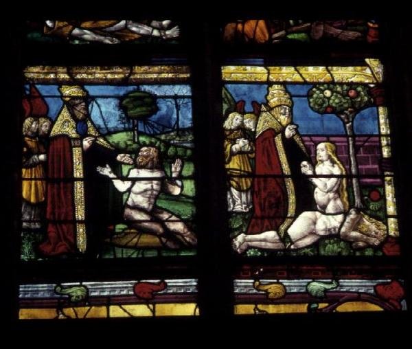Vidriera que representa la Creación de Adán y Eva de French School