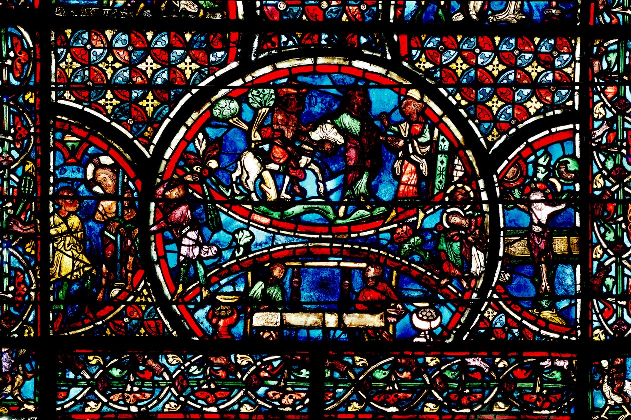 Ventana que representa al Buen Samaritano y el Gremio de Tejedores de French School