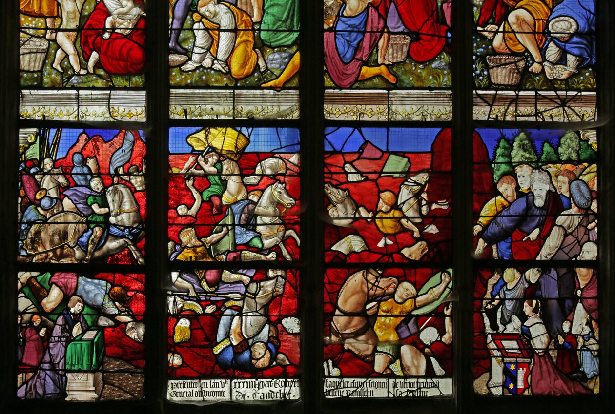 Ventana que representa a los israelitas cruzando el Mar Rojo y el ejército del faraón ahogándose (vidriera) de French School