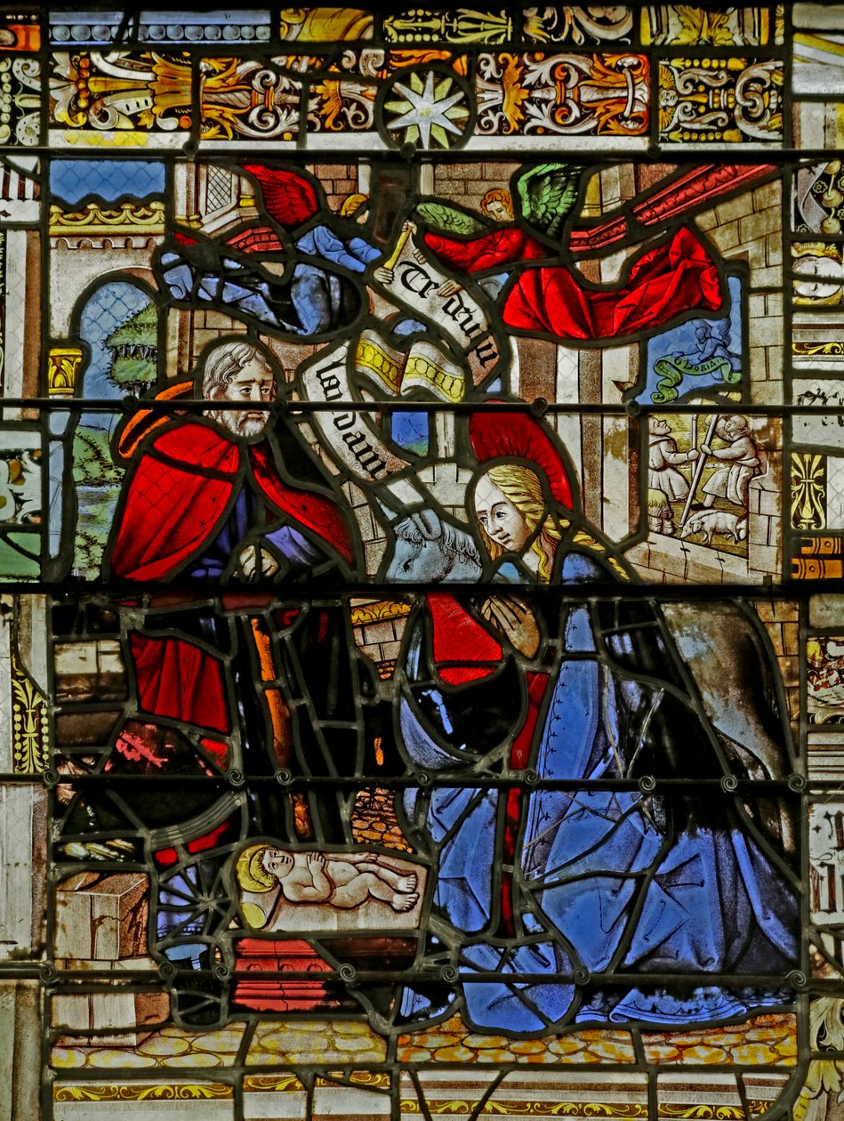 Vidriera que representa la Natividad de French School