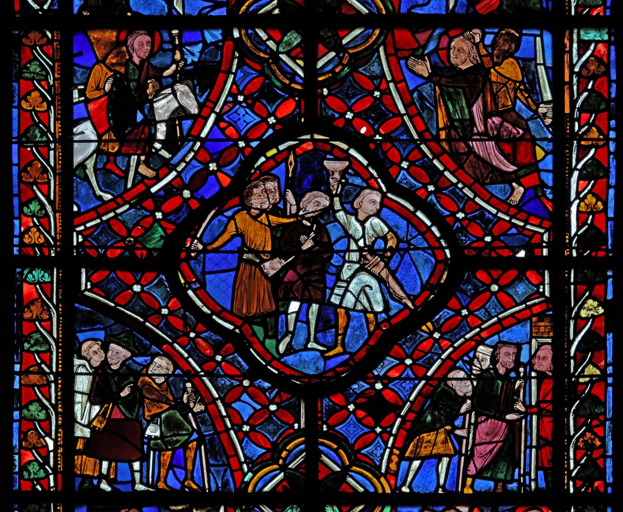 Ventana que representa la cuarta sección de la ventana de Santiago, w5: Un grupo de peregrinos; Una escena de la leyenda de la copa oculta; el martirio del santo de French School