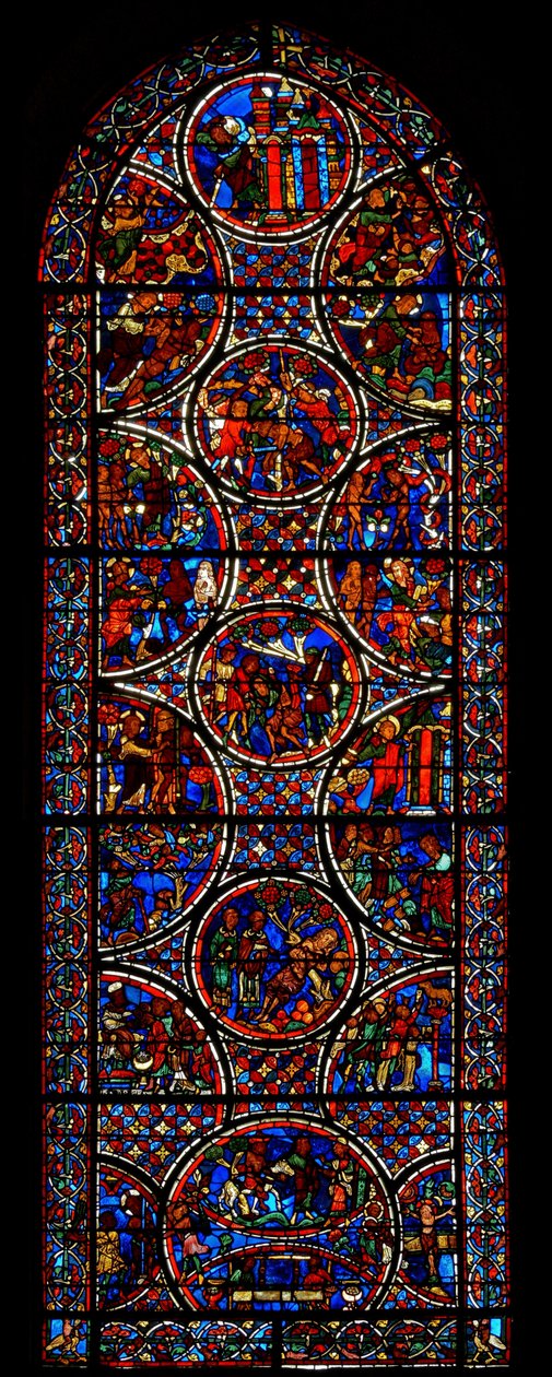 Ventana que representa la parábola del Buen Samaritano de French School