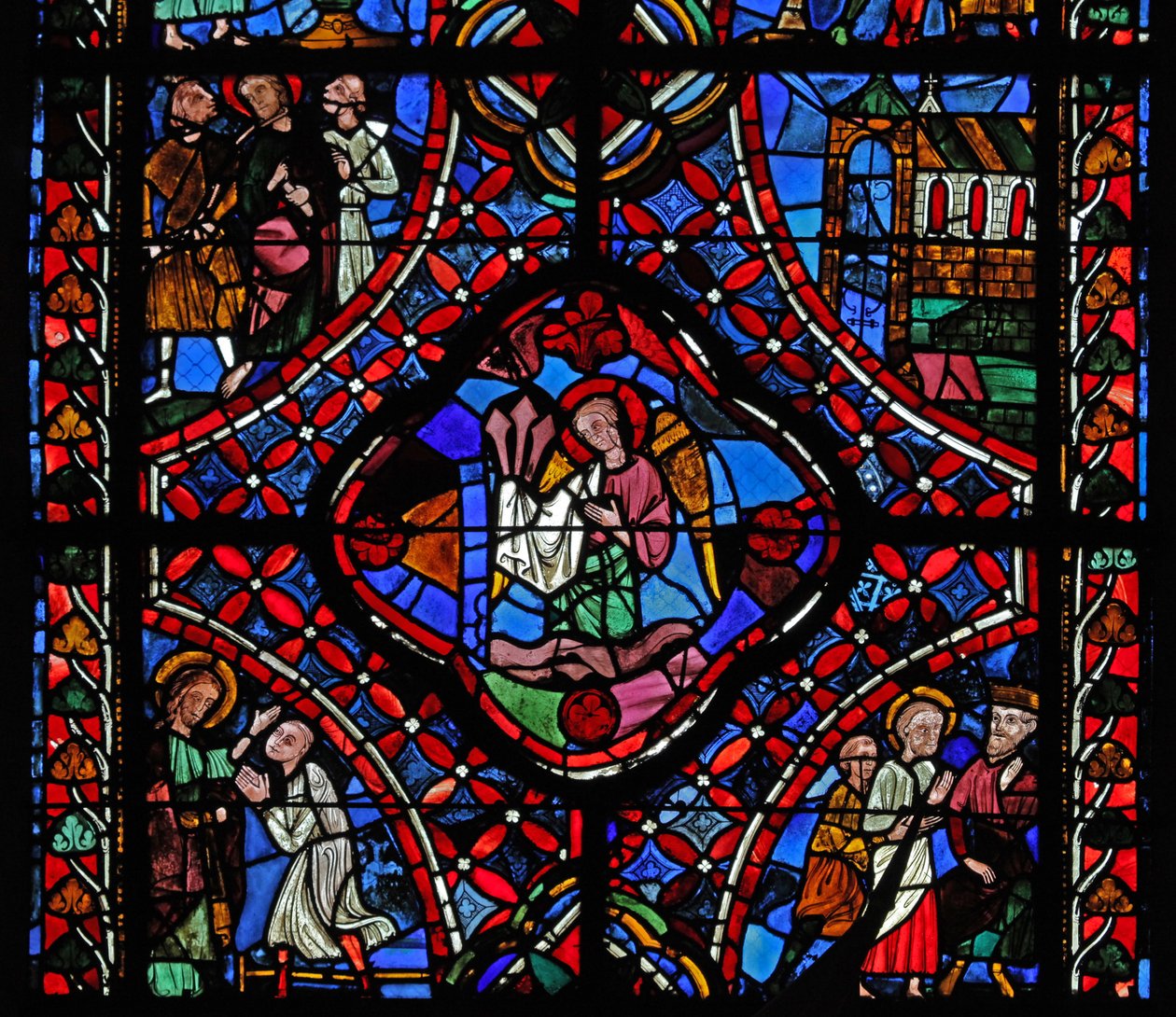Ventana que representa la segunda sección de la ventana de Santiago, w5: en el centro están los clavos de la Pasión; Fileto es convertido; Hermógenes con Santiago; una iglesia; Santiago con 2 hombres de French School