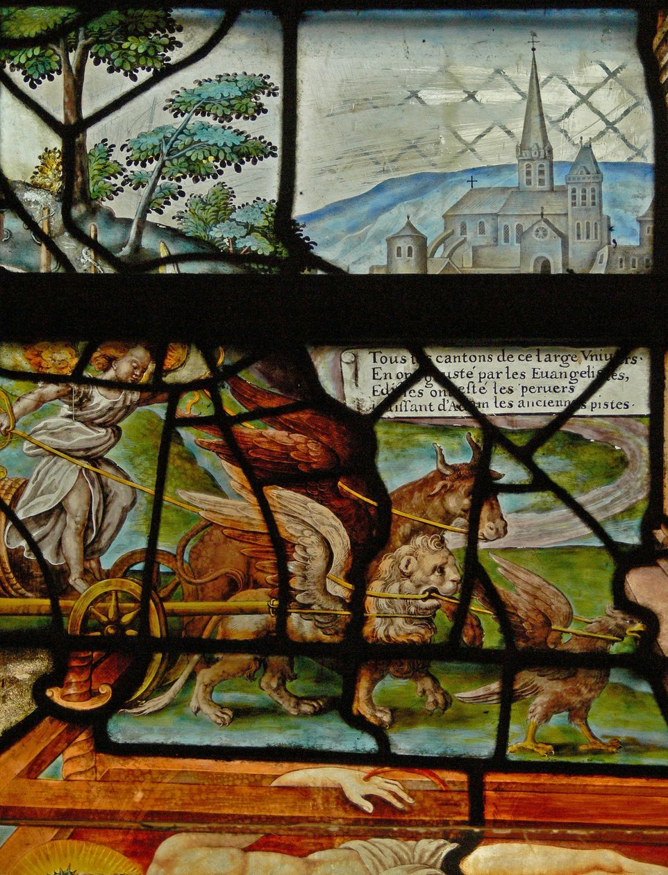 Ventana en el Charnier (w.11) que representa un Detalle de la Prensa Mística de Vino de French School