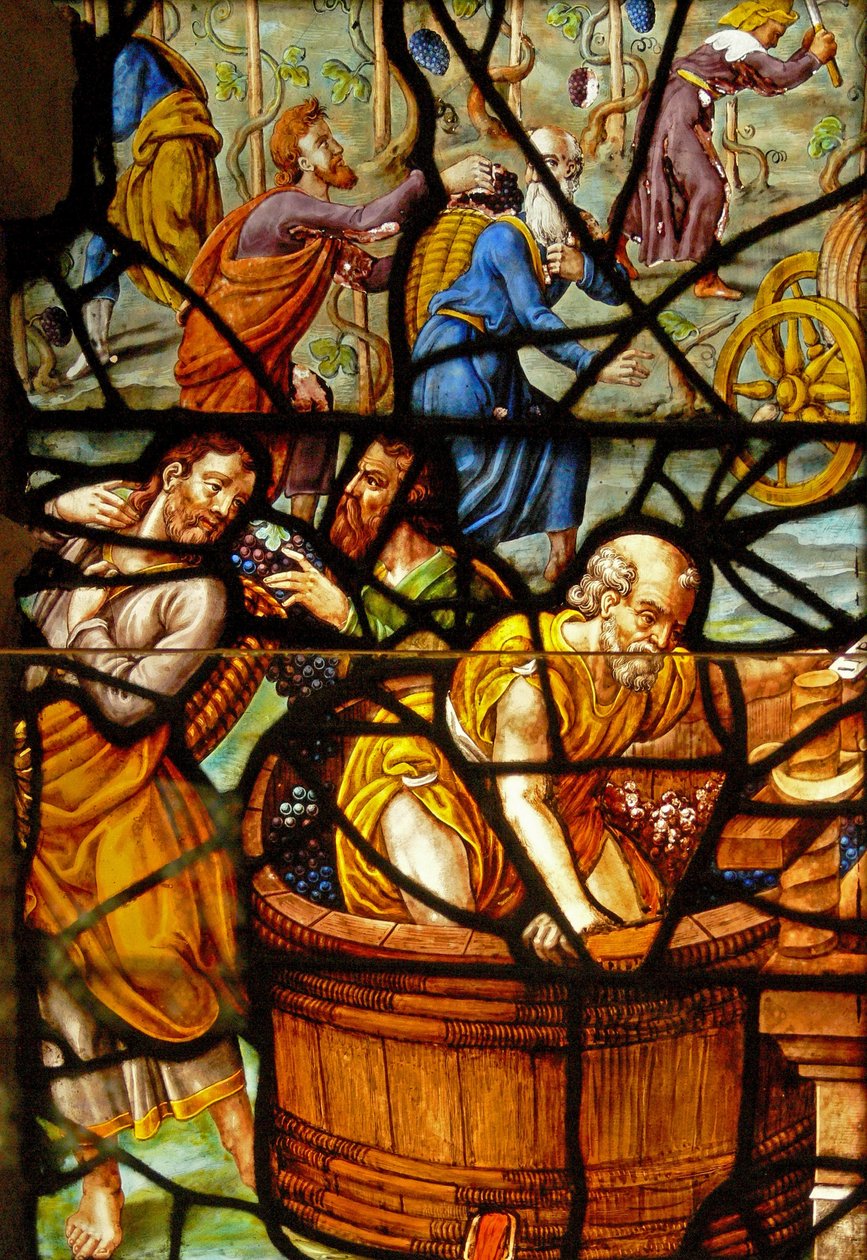 Ventana en el Charnier (w.11) que representa un Detalle de la Prensa Mística de Vino de French School