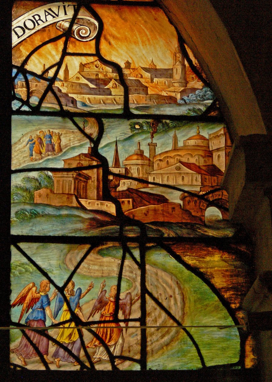 Ventana en el Charnier (w.13) que representa dos escenas: La matanza del cerdo: Abraham visitado por 3 ángeles (vidriera) de French School