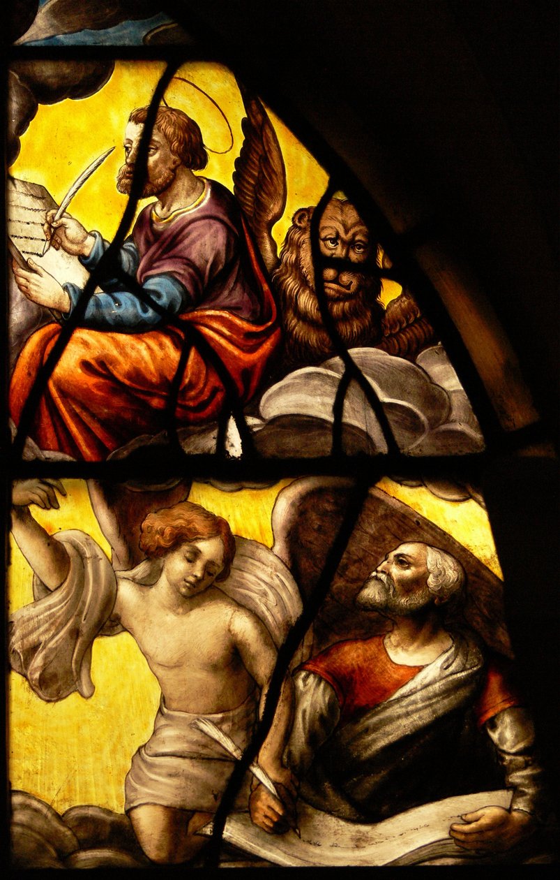 Ventana en el Charnier (w.2) que representa un Detalle del Milagro de la Hostia: San Marcos y San Mateo de French School