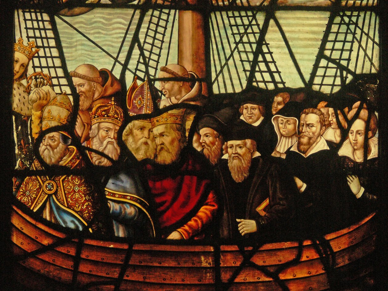 Ventana en el Charnier (w.3) que representa el Arca de la Iglesia y Cristo con un barco lleno de los Fieles de French School