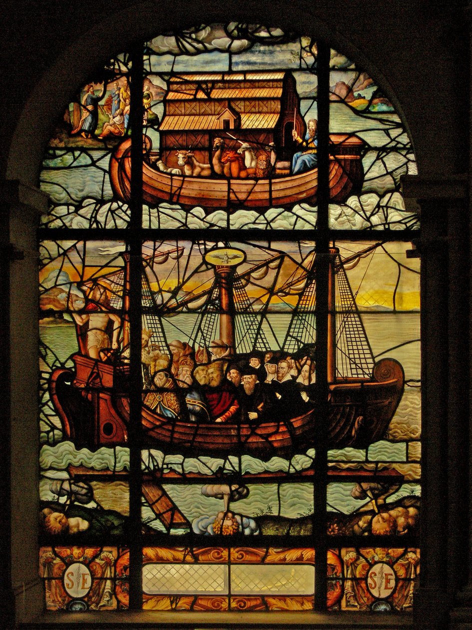 Ventana en el Charnier (w.3) que representa la historia del Arca de Noé y La Iglesia con Cristo y los Fieles de French School