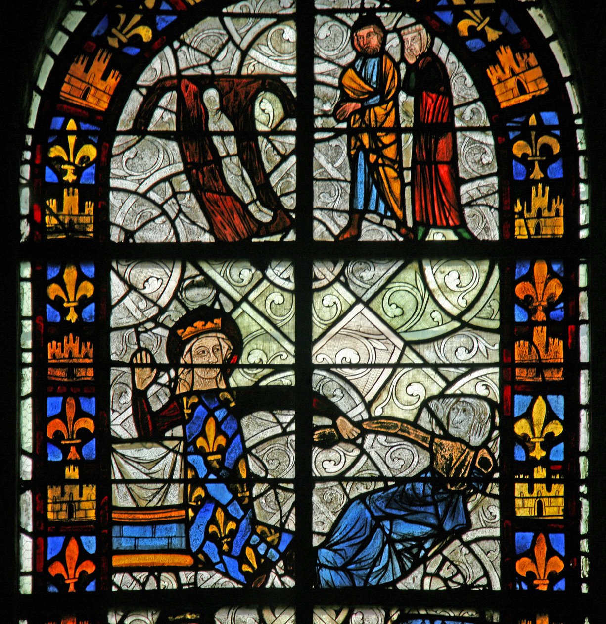 Santa Radegunda: el niño Anderedus es sanado al acostarse sobre la camisa de pelo de Santa Radegunda; la santa revive a un niño enfermo de French School