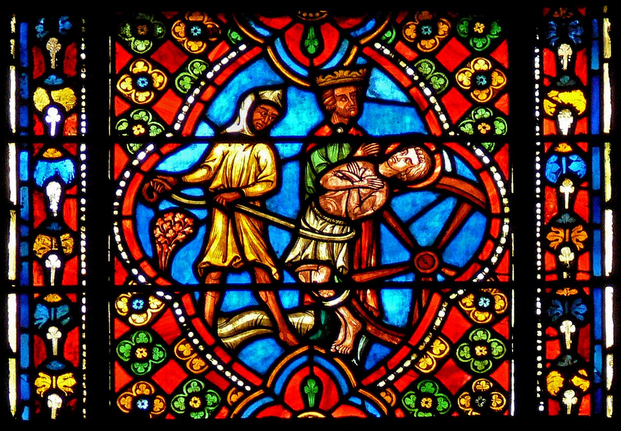 Ventana n3 escenas de la vida de San Jorge: torturado en la rueda de French School