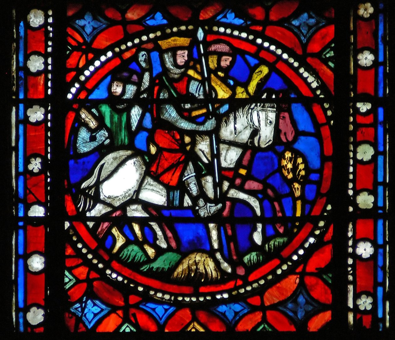Ventana s1-R escena del viaje de San Bonnet a Roma; caballeros regresan de la batalla de French School