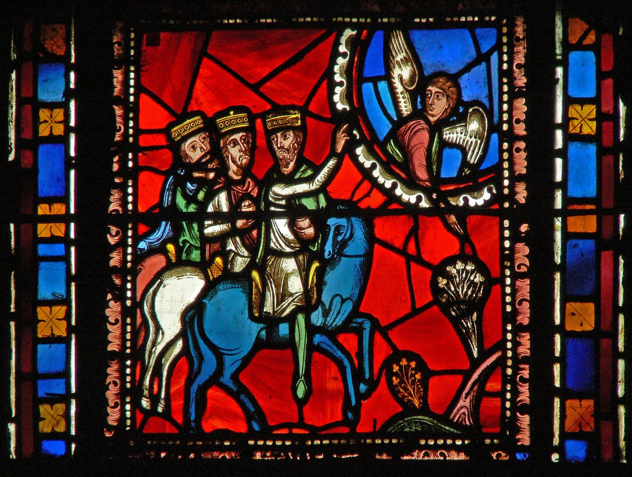Ventana s2-C los Magos viajando, siguiendo a un ángel de French School