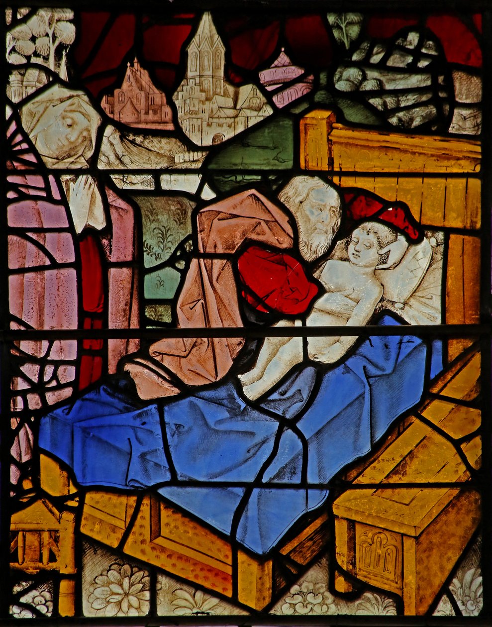 Ventana s2 que representa a Eliseo curando al hijo de la sunamita de French School