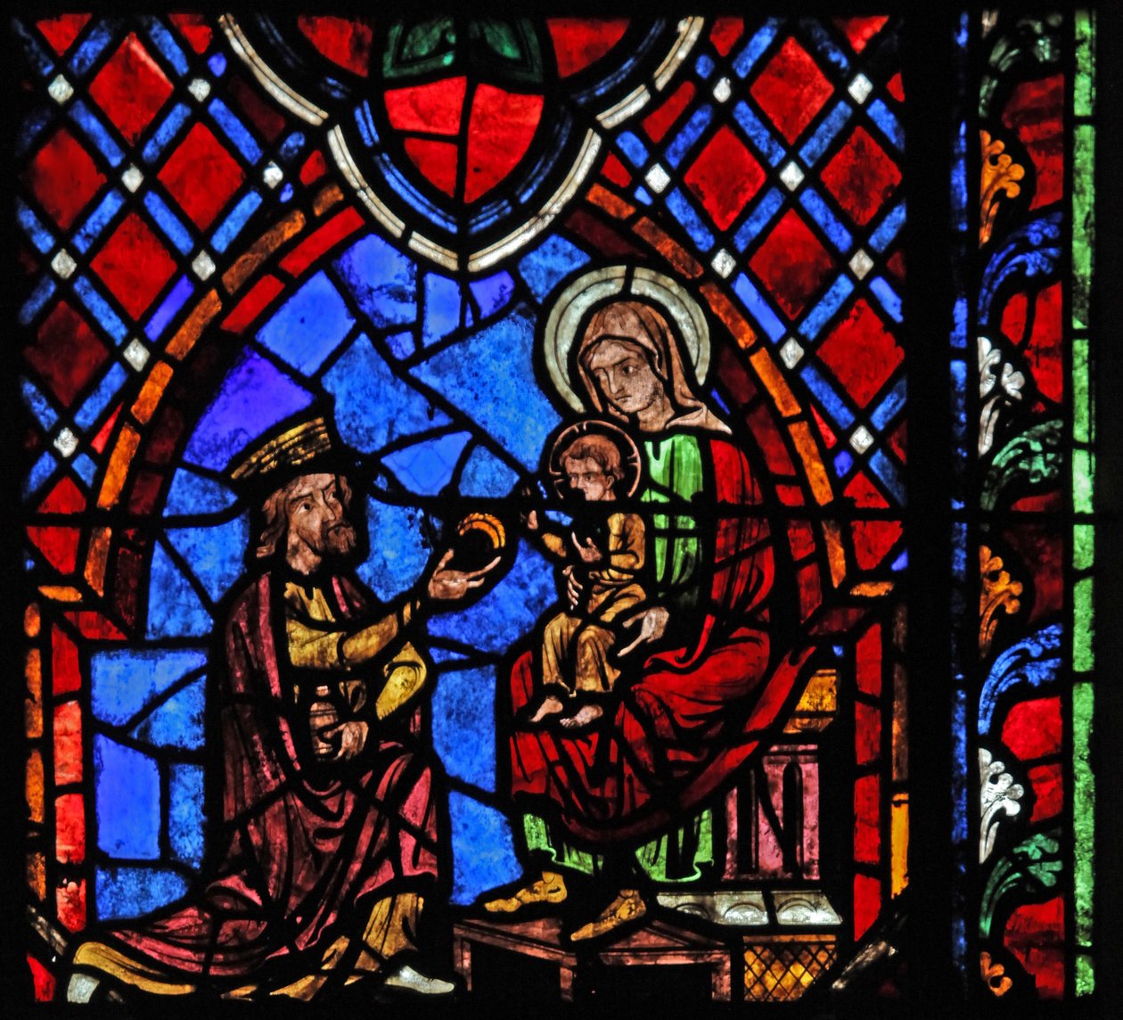 Ventana w01 que representa la Adoración de los Magos de French School