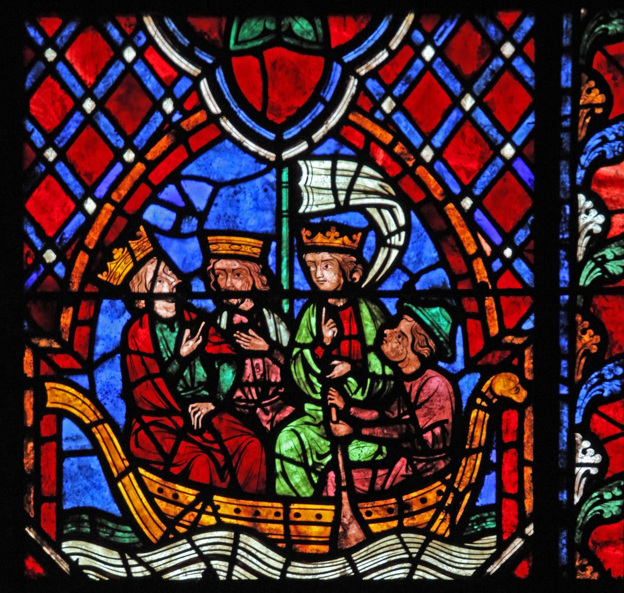 Ventana w01 que representa la partida de los Magos de la Natividad de French School