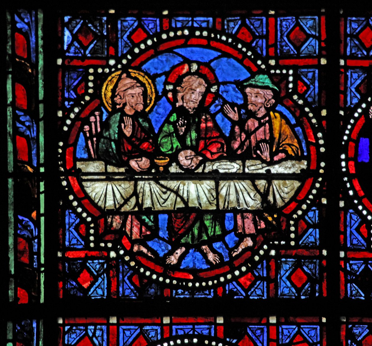Ventana w02 que representa una escena de Resurrección: la cena en Emaús de French School