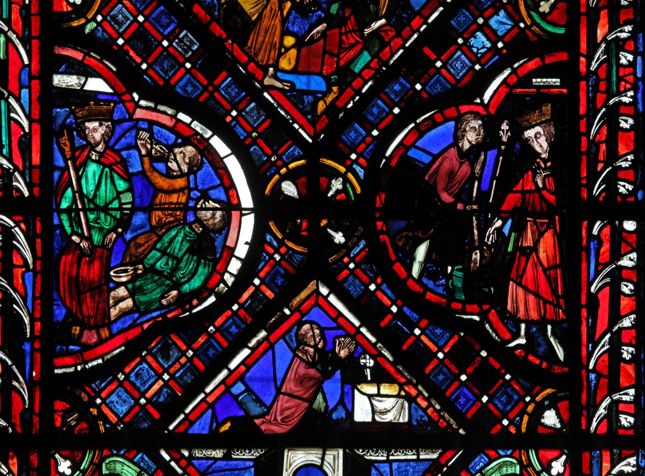 Ventana w03 que representa escenas de la leyenda de San Juan, incluyendo al santo y la copa envenenada de French School