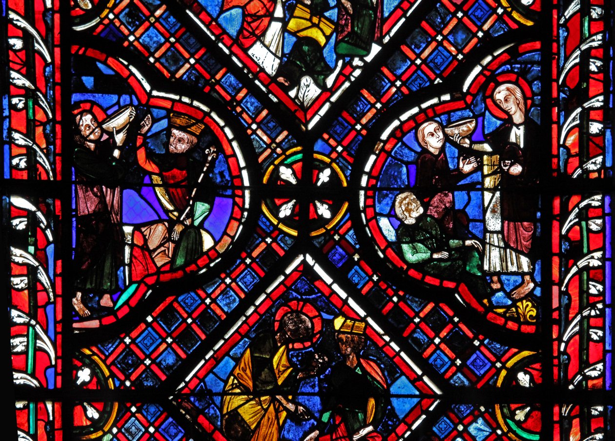 Ventana w03 que representa escenas de la leyenda de San Juan: el santo y la copa envenenada de French School