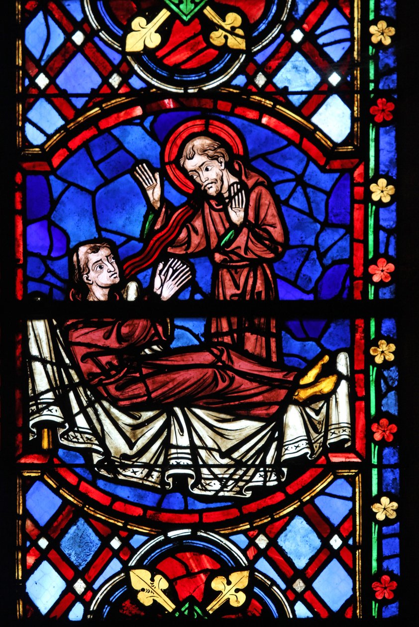 Ventana w04 que representa a un monje santo apareciendo a San Martín de French School